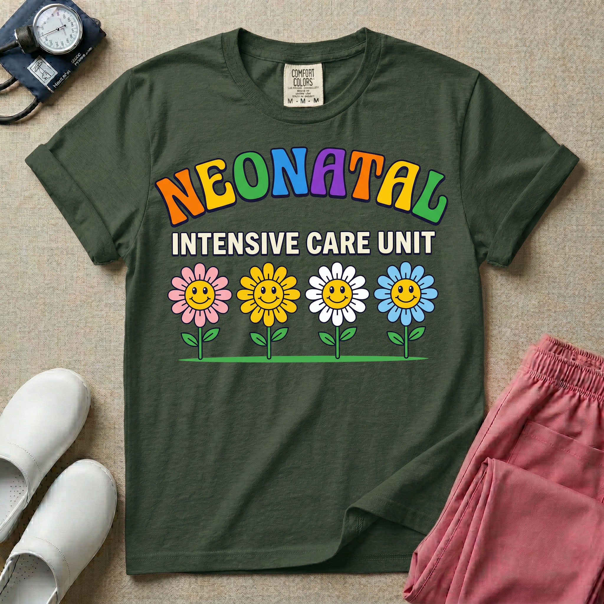 A retro-style graphic for a Neonatal Intensive Care Unit featuring the text 'NEONATAL' in colorful, arched bubbly letters above 'INTENSIVE CARE UNIT' and a row of four smiling daisy flowers.