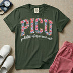 A boho pediatric intensive care nursing t-shirt featuring the large block text "PICU" filled with a decorative floral pattern, positioned above the cursive white text "pediatric intensive care unit".