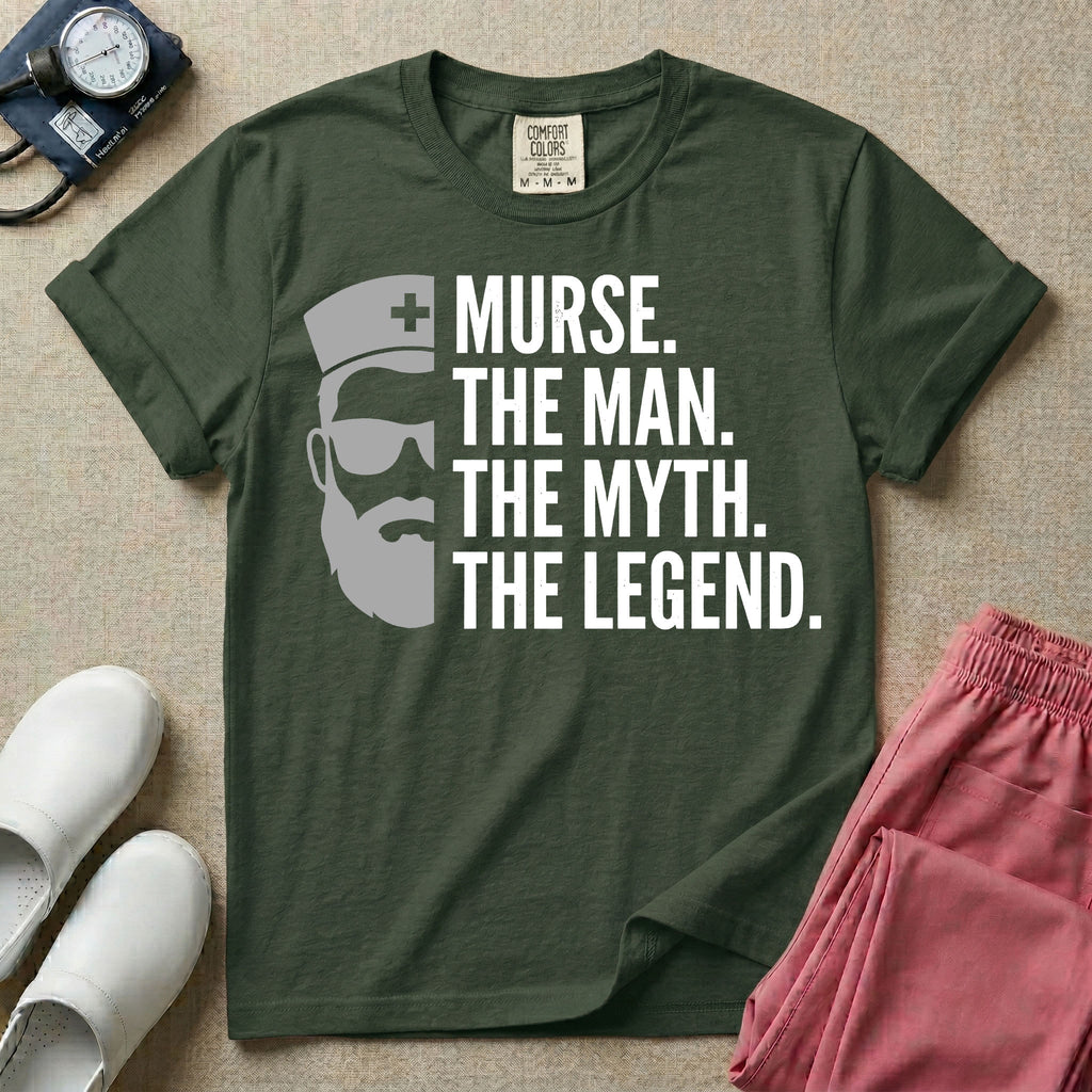 General nursing t-shirt featuring a minimalist white graphic of a bearded man wearing sunglasses and a nurse cap alongside the text "MURSE. THE MAN. THE MYTH. THE LEGEND."