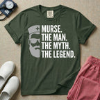 General nursing t-shirt featuring a minimalist white graphic of a bearded man wearing sunglasses and a nurse cap alongside the text "MURSE. THE MAN. THE MYTH. THE LEGEND."