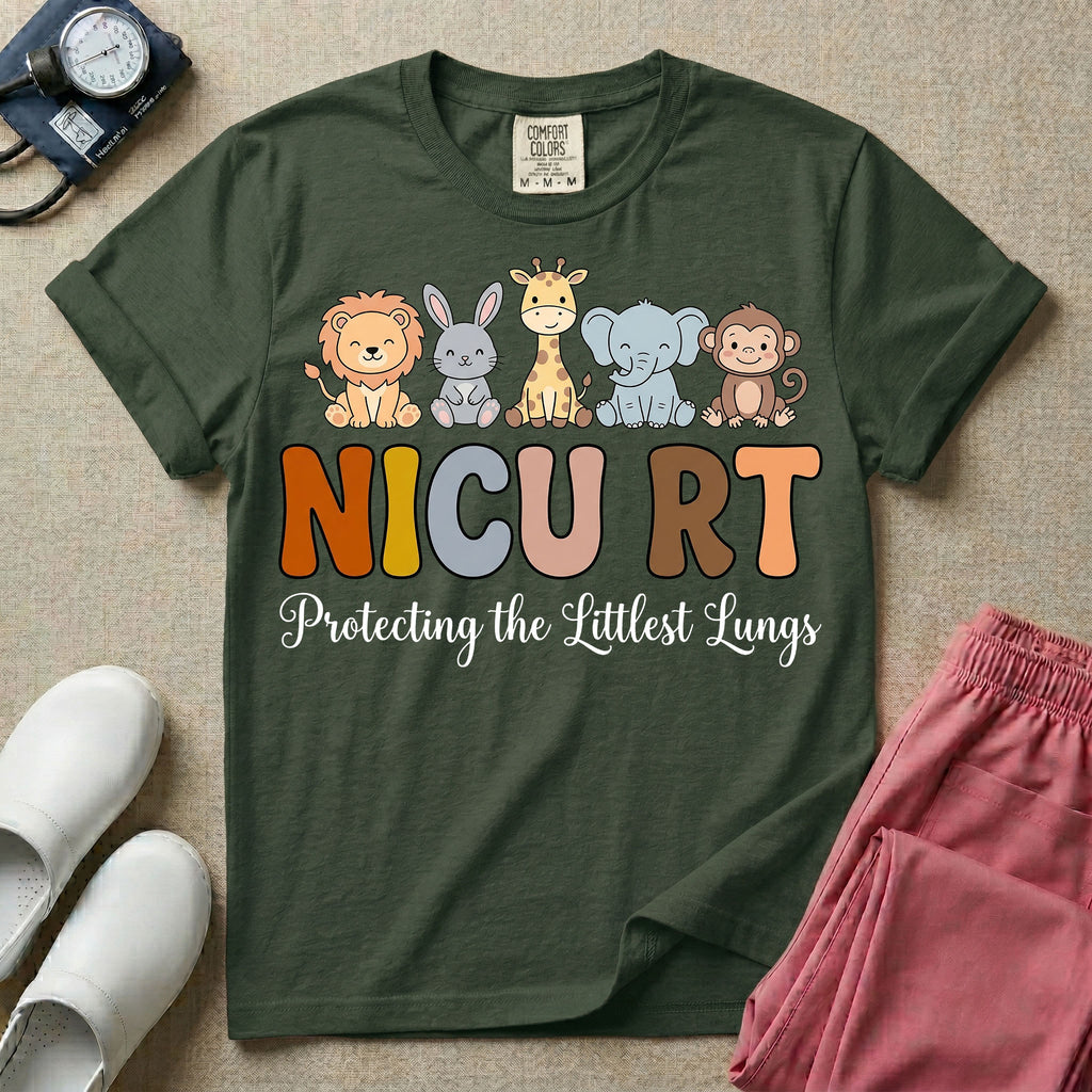 Neonatal Intensive Care Unit NICU RT respiratory therapist t-shirt featuring a row of cute cartoon animals including a lion, bunny, giraffe, elephant, and monkey sitting on the text "NICU RT" positioned above the cursive text "Protecting the Littlest Lungs".