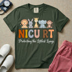 Neonatal Intensive Care Unit NICU RT respiratory therapist t-shirt featuring a row of cute cartoon animals including a lion, bunny, giraffe, elephant, and monkey sitting on the text "NICU RT" positioned above the cursive text "Protecting the Littlest Lungs".