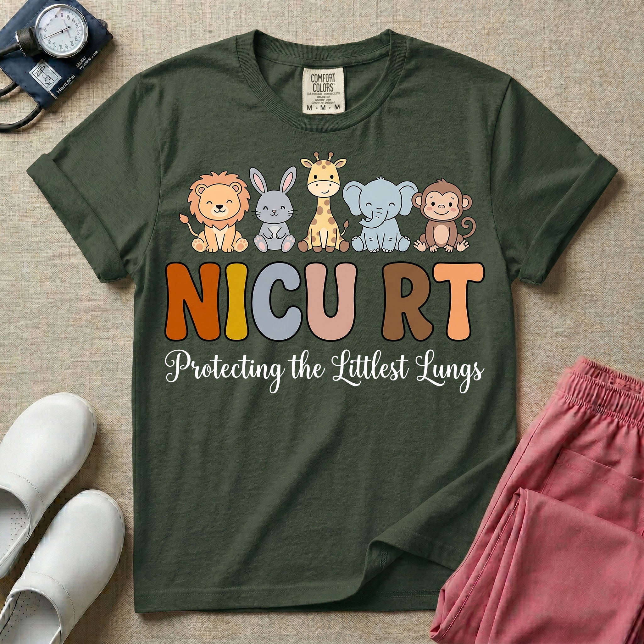 Neonatal Intensive Care Unit NICU RT respiratory therapist t-shirt featuring a row of cute cartoon animals including a lion, bunny, giraffe, elephant, and monkey sitting on the text "NICU RT" positioned above the cursive text "Protecting the Littlest Lungs".