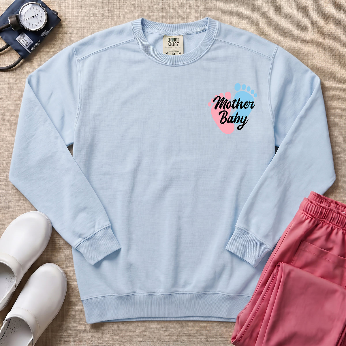 Mother Baby Footprints Postpartum Nurse Sweatshirt - Chambray Comfort Colors Sweatshirt | HugTee