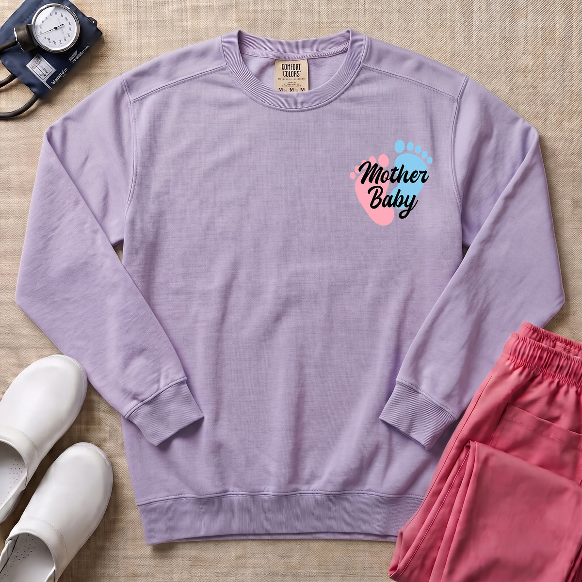 Mother Baby Footprints Postpartum Nurse Sweatshirt - Orchid Comfort Colors Sweatshirt | HugTee