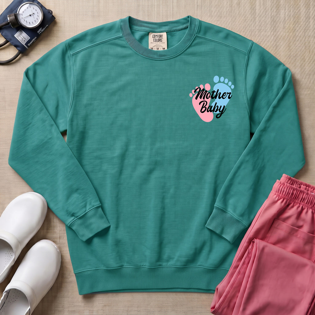 Mother Baby Footprints Postpartum Nurse Sweatshirt - Seafoam Comfort Colors Sweatshirt | HugTee