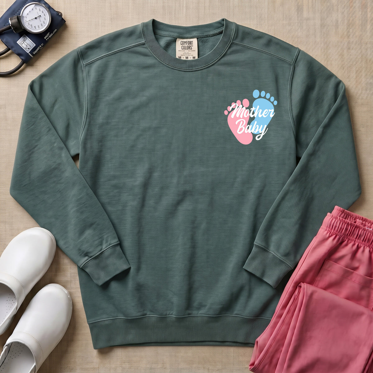 Mother Baby Footprints Postpartum Nurse Sweatshirt - Blue Spruce Comfort Colors Sweatshirt | HugTee