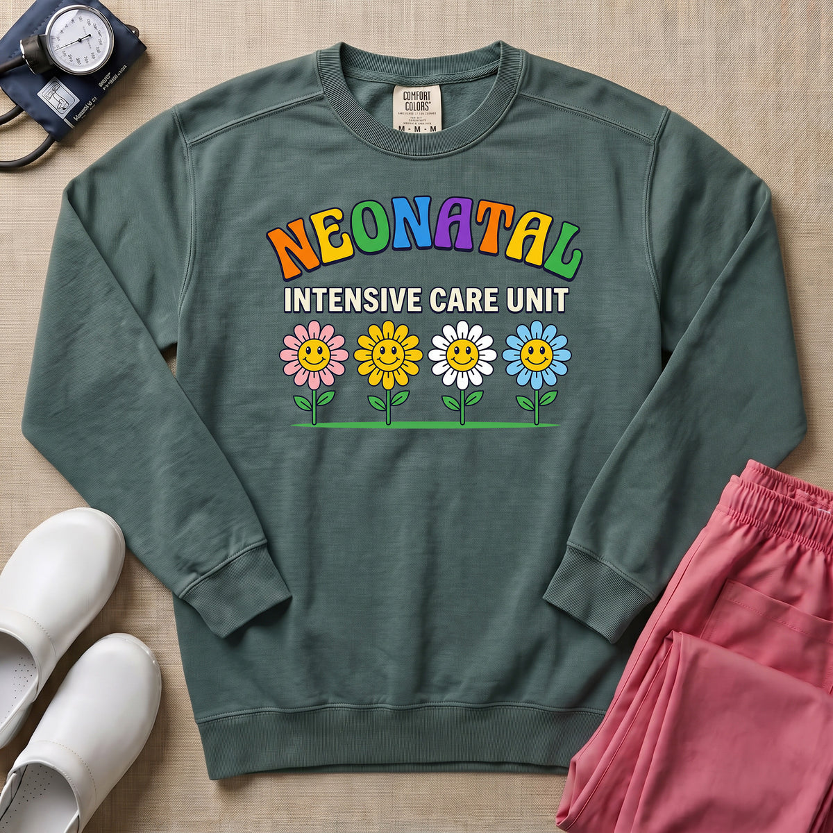 Retro Floral Neonatal Intensive Care Unit Cute NICU Nurse Sweatshirt - Blue Spruce Comfort Colors Sweatshirt | HugTee