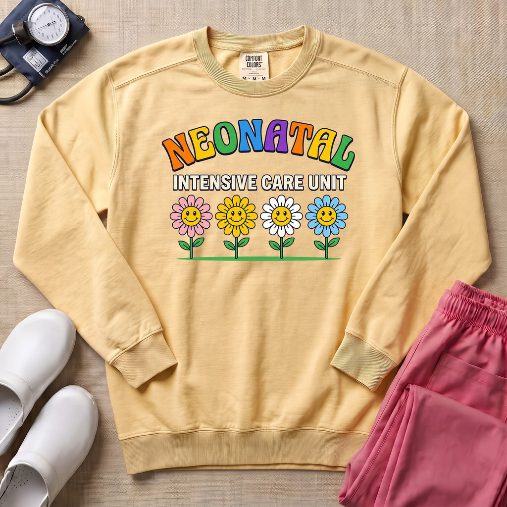Retro Floral Neonatal Intensive Care Unit Cute NICU Nurse Sweatshirt - Butter Comfort Colors Sweatshirt | HugTee