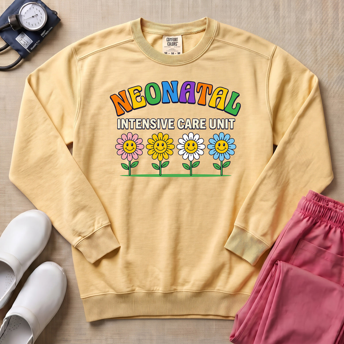 Retro Floral Neonatal Intensive Care Unit Cute NICU Nurse Sweatshirt - Butter Comfort Colors Sweatshirt | HugTee