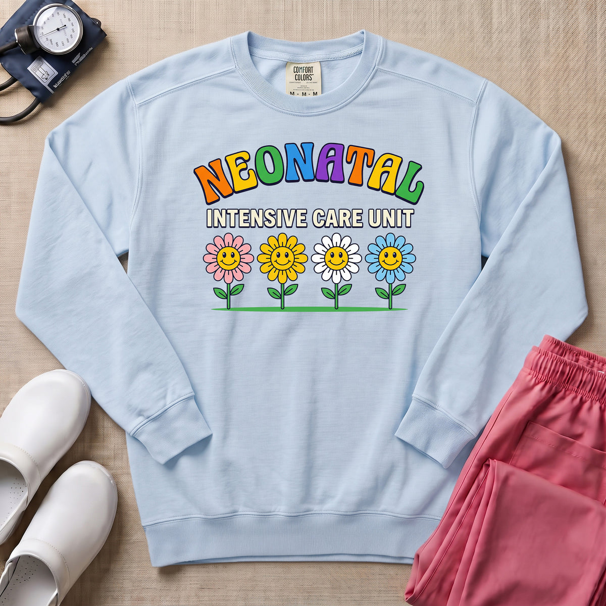 Retro Floral Neonatal Intensive Care Unit Cute NICU Nurse Sweatshirt - Chambray Comfort Colors Sweatshirt | HugTee
