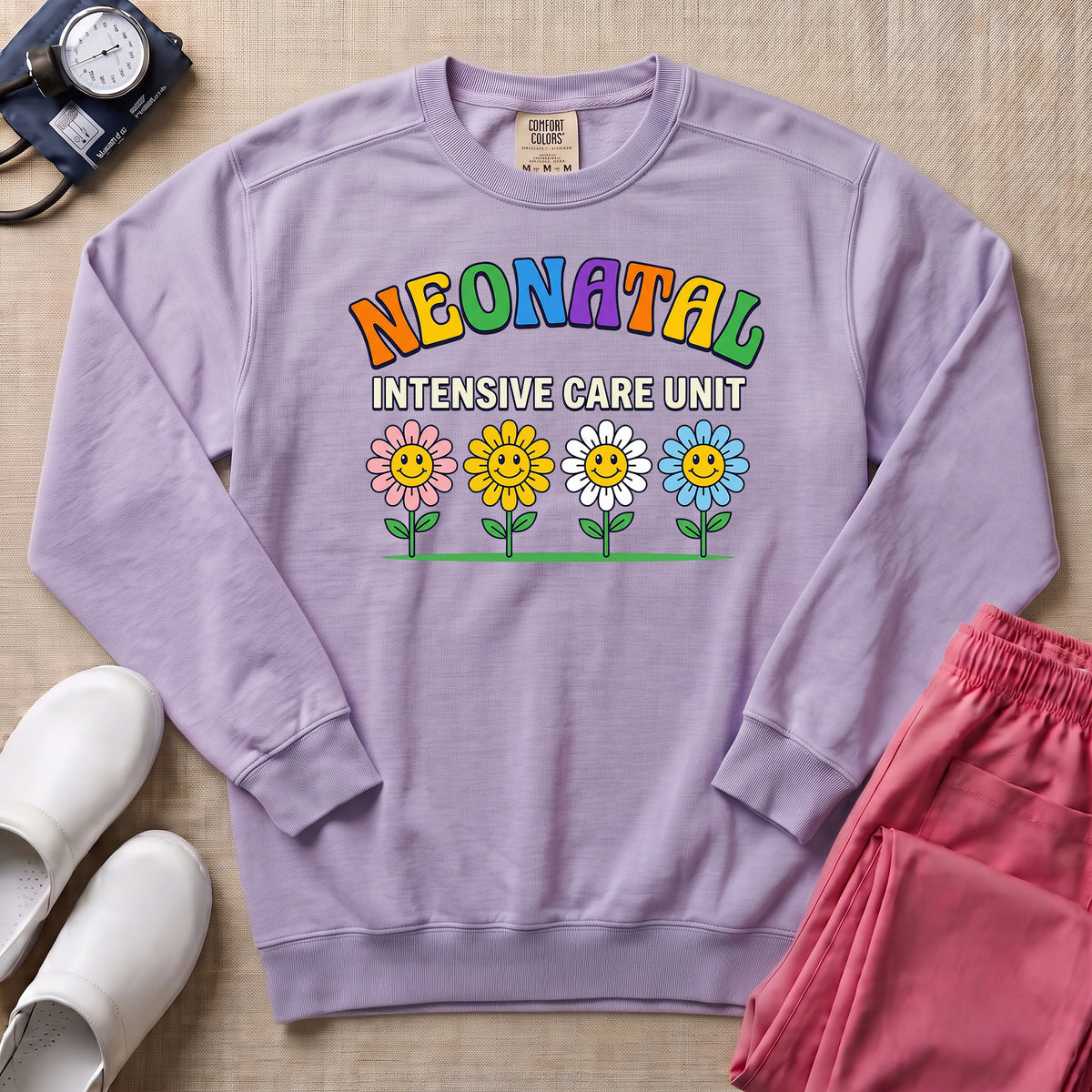 Retro Floral Neonatal Intensive Care Unit Cute NICU Nurse Sweatshirt - Orchid Comfort Colors Sweatshirt | HugTee