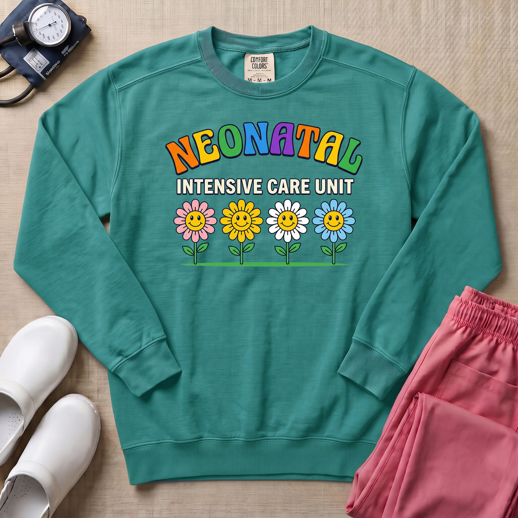 Retro Floral Neonatal Intensive Care Unit Cute NICU Nurse Sweatshirt - Seafoam Comfort Colors Sweatshirt | HugTee
