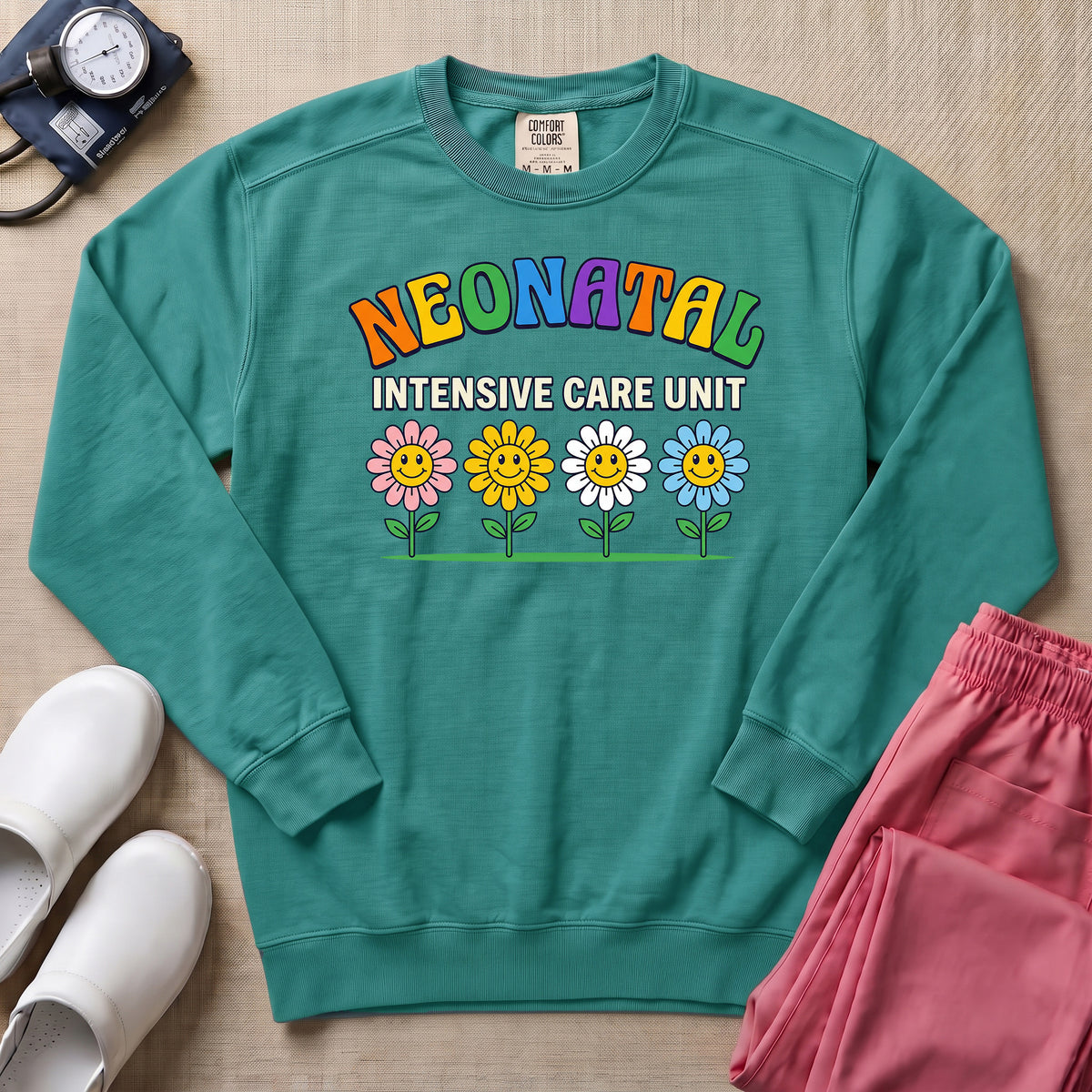 Retro Floral Neonatal Intensive Care Unit Cute NICU Nurse Sweatshirt - Seafoam Comfort Colors Sweatshirt | HugTee