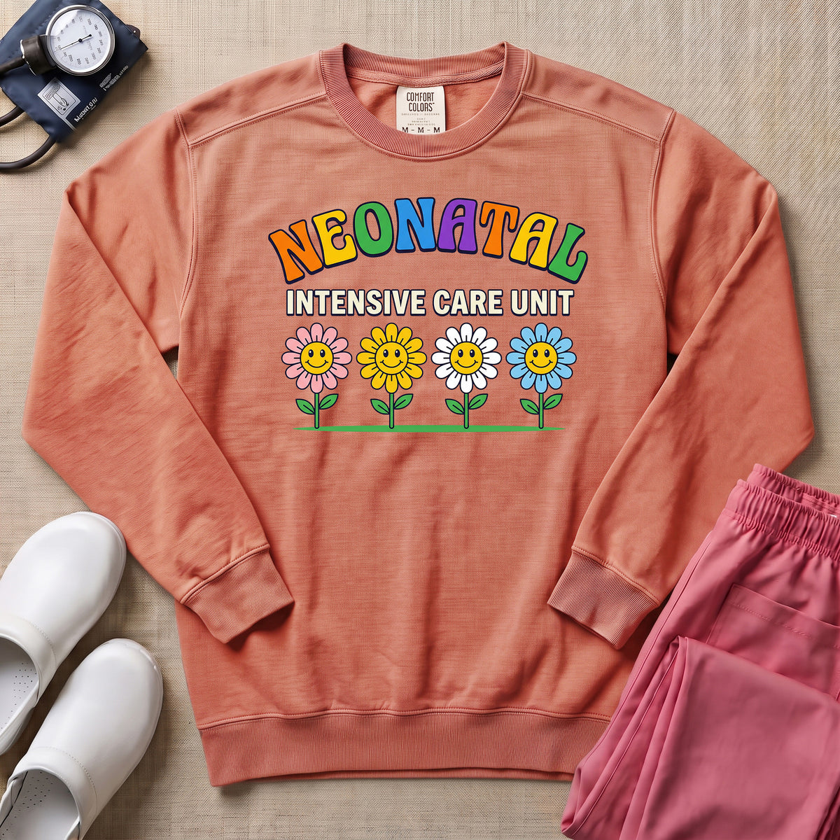Retro Floral Neonatal Intensive Care Unit Cute NICU Nurse Sweatshirt - Terracotta Comfort Colors Sweatshirt | HugTee