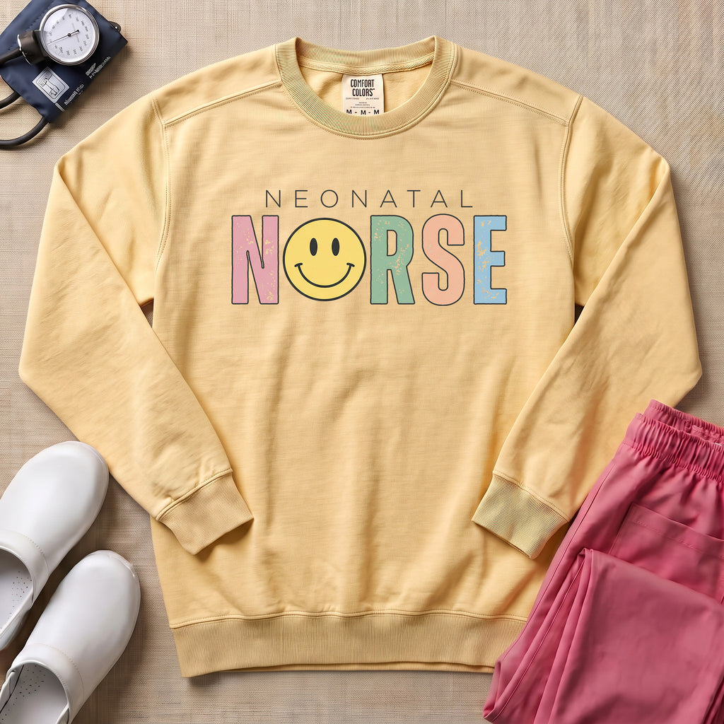Retro Neonatal Nurse Smiley Face NICU Sweatshirt - Butter Comfort Colors Sweatshirt | HugTee