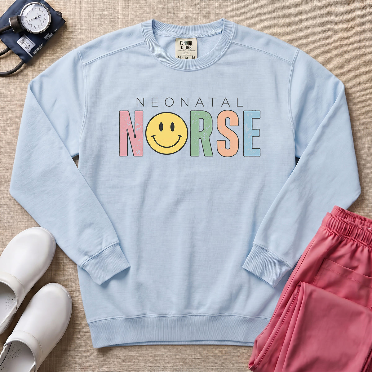 Retro Neonatal Nurse Smiley Face NICU Sweatshirt - Chambray Comfort Colors Sweatshirt | HugTee