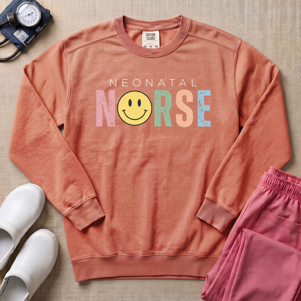 Retro Neonatal Nurse Smiley Face NICU Sweatshirt - Terracotta Comfort Colors Sweatshirt | HugTee