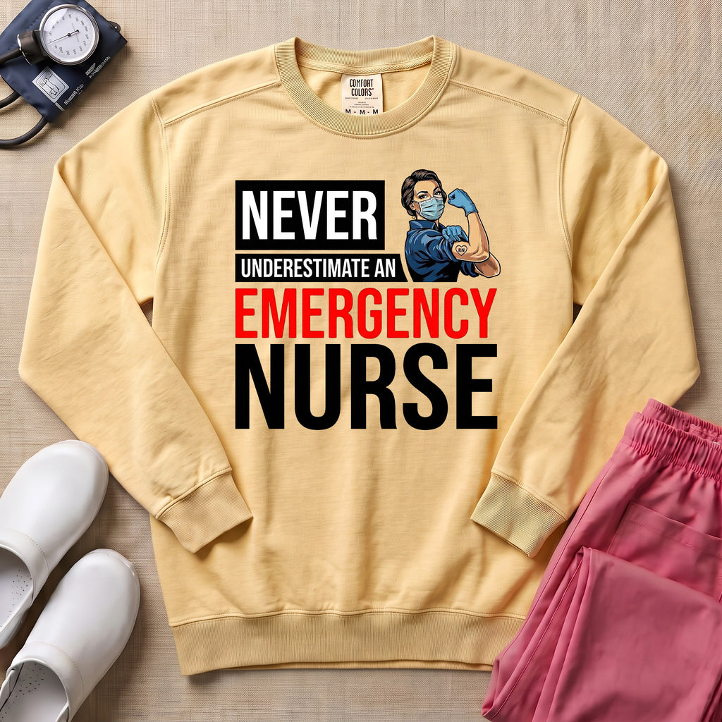 Never Underestimate An Emergency Nurse Retro ER Sweatshirt - Butter Comfort Colors Sweatshirt | HugTee