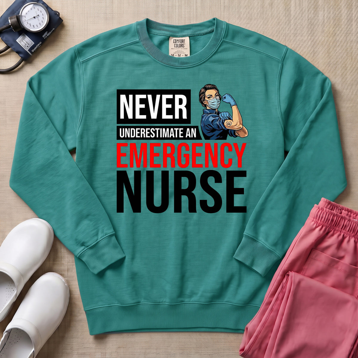 Never Underestimate An Emergency Nurse Retro ER Sweatshirt - Seafoam Comfort Colors Sweatshirt | HugTee