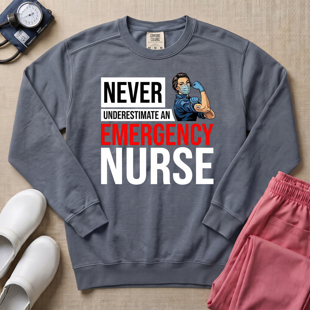 Never Underestimate An Emergency Nurse Retro ER Sweatshirt - Blue Jean Comfort Colors Sweatshirt | HugTee