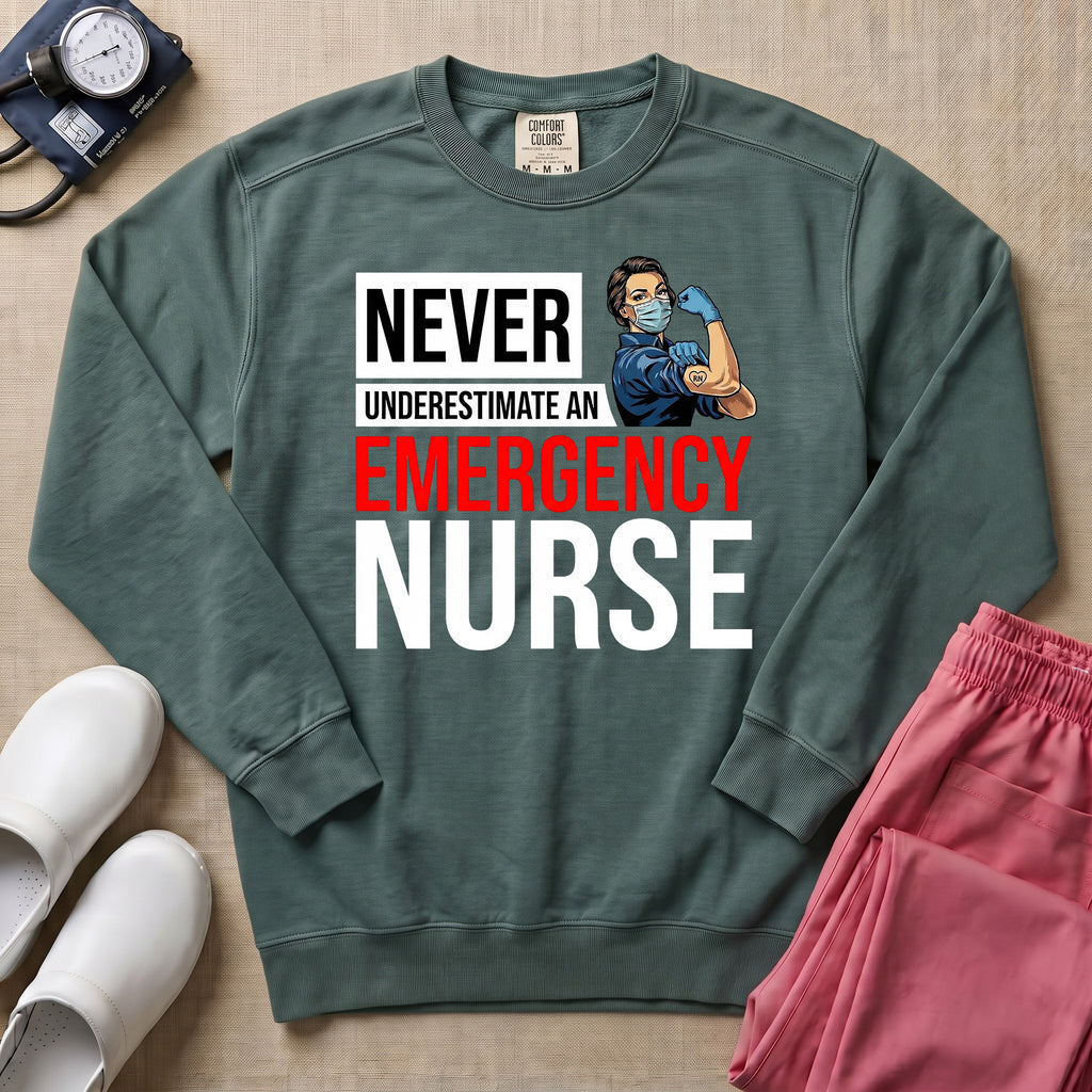 Never Underestimate An Emergency Nurse Retro ER Sweatshirt - Blue Spruce Comfort Colors Sweatshirt | HugTee