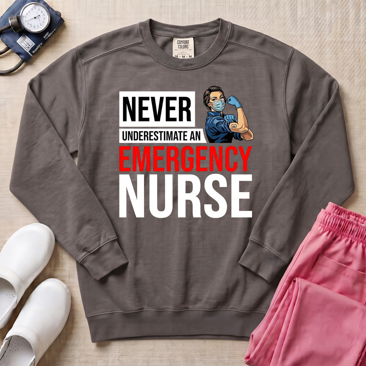 Never Underestimate An Emergency Nurse Retro ER Sweatshirt - Pepper Lifestyle Hero Mockup | HugTee