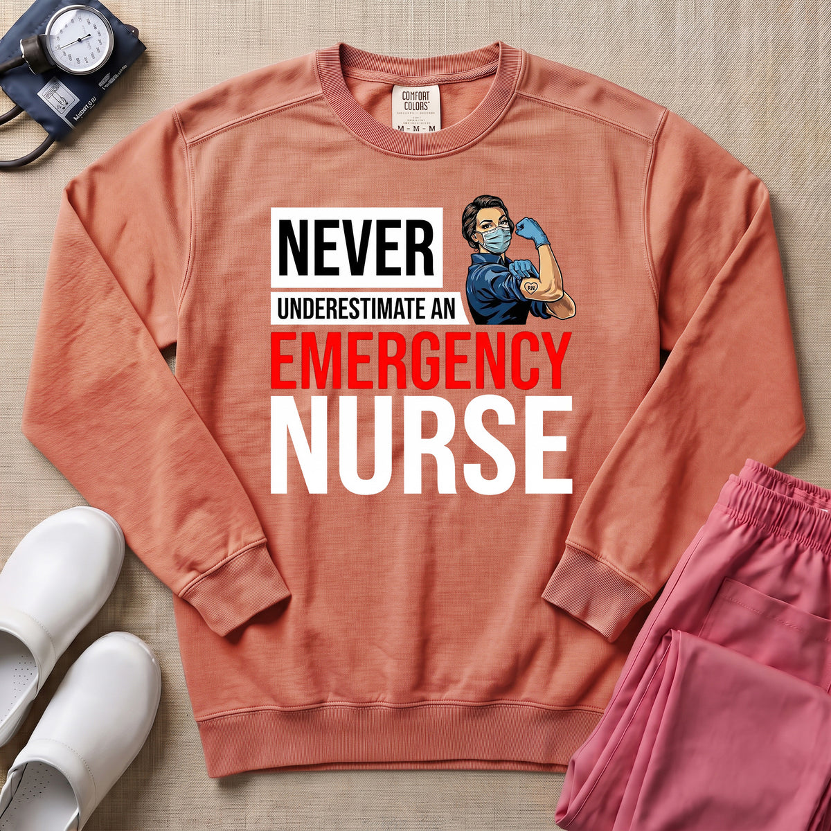 Never Underestimate An Emergency Nurse Retro ER Sweatshirt - Terracotta Comfort Colors Sweatshirt | HugTee