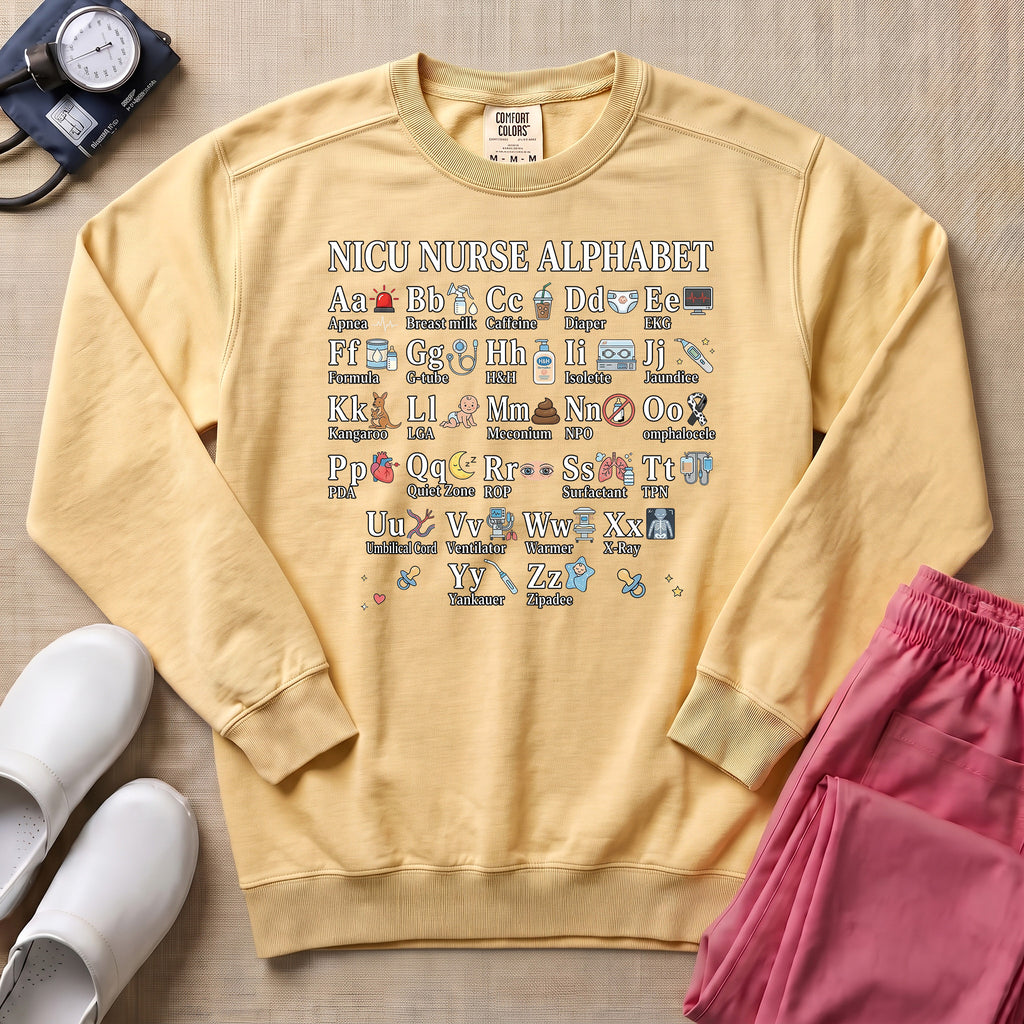 Funny NICU Nurse Alphabet Sweatshirt - Butter Comfort Colors Sweatshirt | HugTee