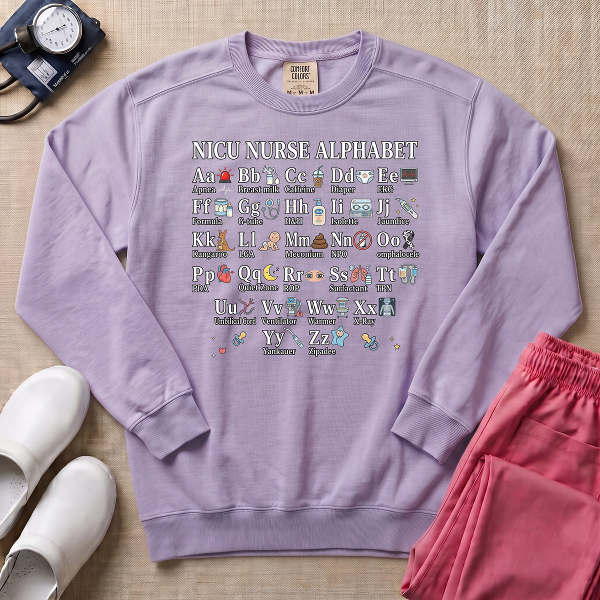 Funny NICU Nurse Alphabet Sweatshirt - Orchid Comfort Colors Sweatshirt | HugTee