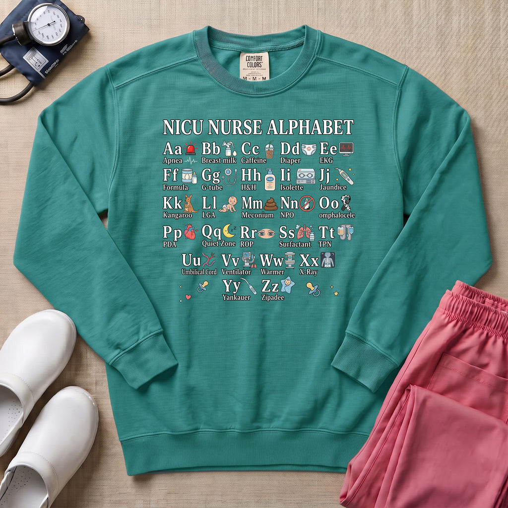 Funny NICU Nurse Alphabet Sweatshirt - Seafoam Comfort Colors Sweatshirt | HugTee