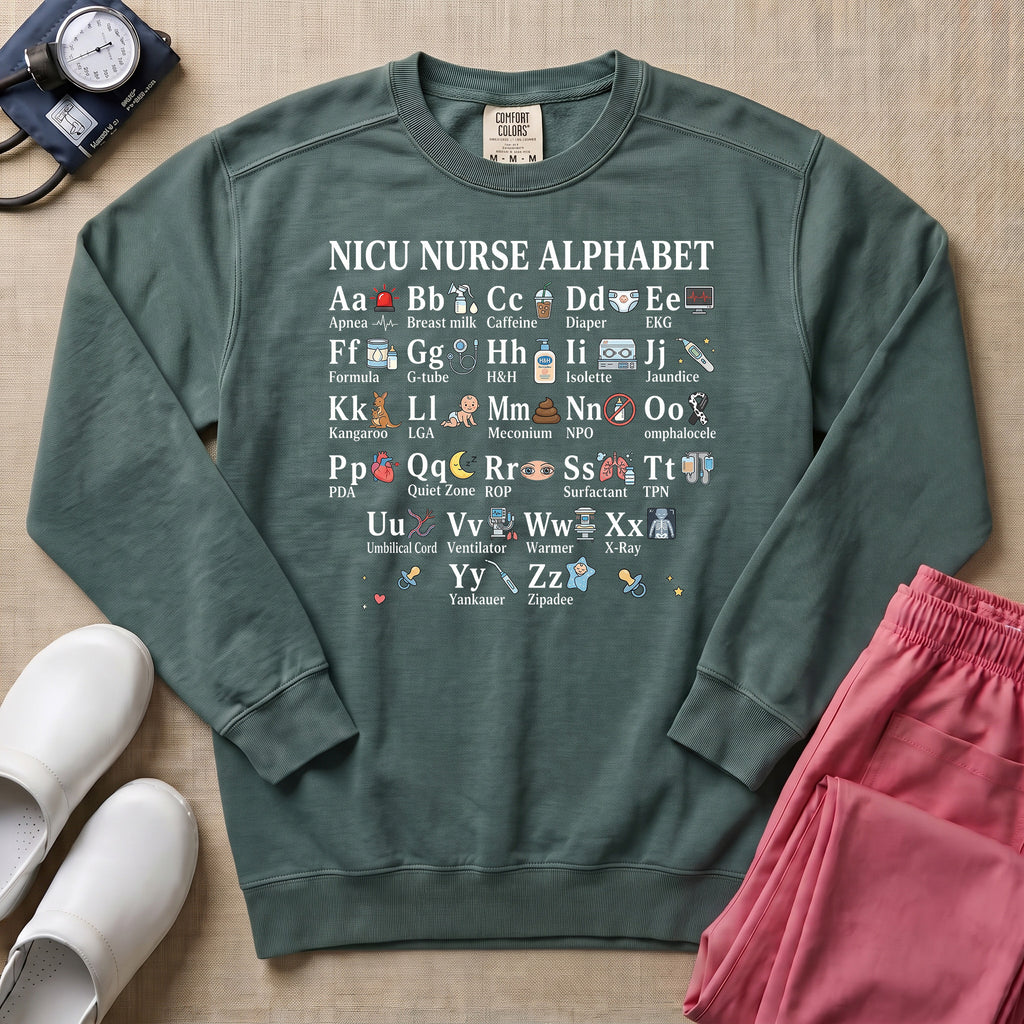 Funny NICU Nurse Alphabet Sweatshirt - Blue Spruce Comfort Colors Sweatshirt | HugTee