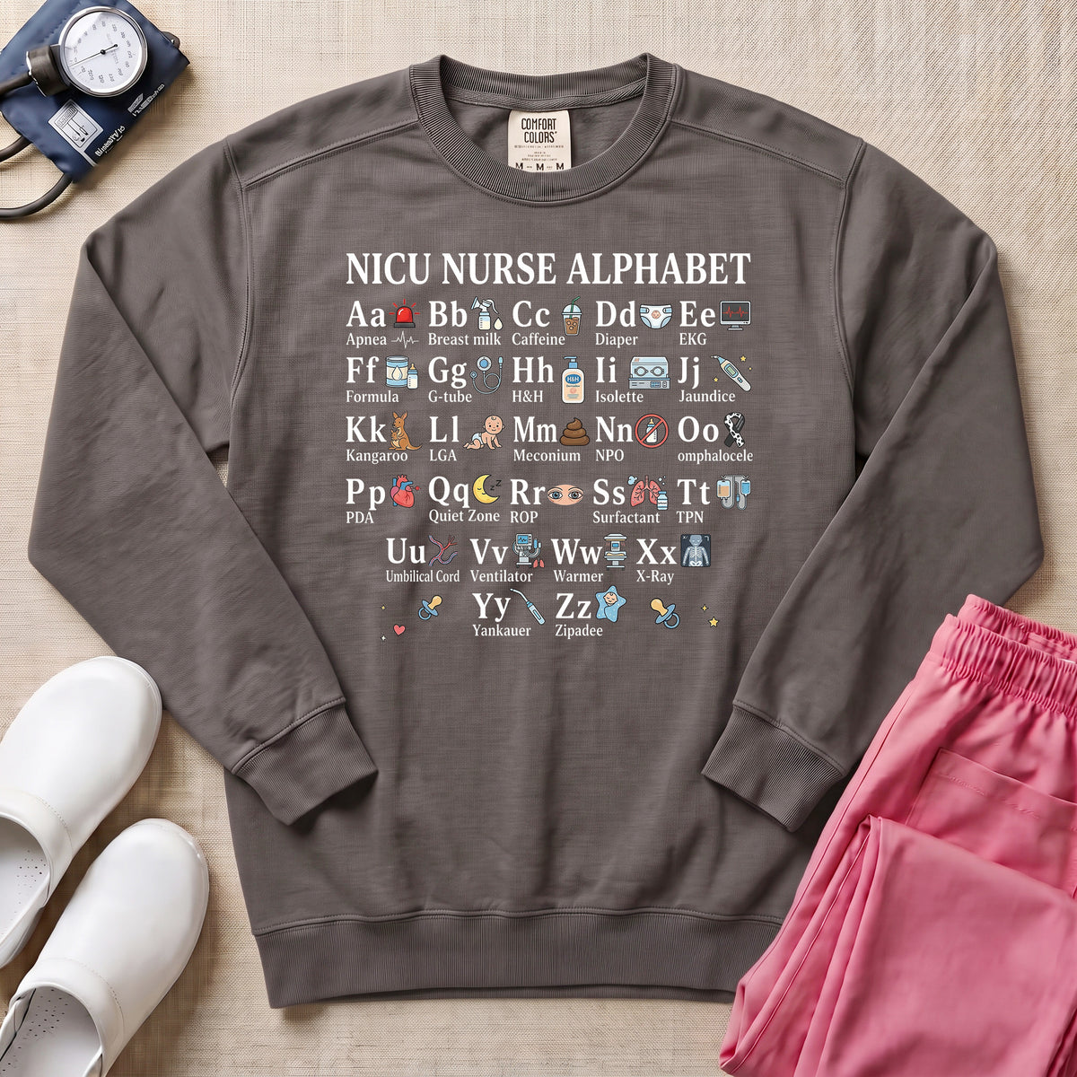 Funny NICU Nurse Alphabet Sweatshirt - Pepper Lifestyle Hero Mockup | HugTee