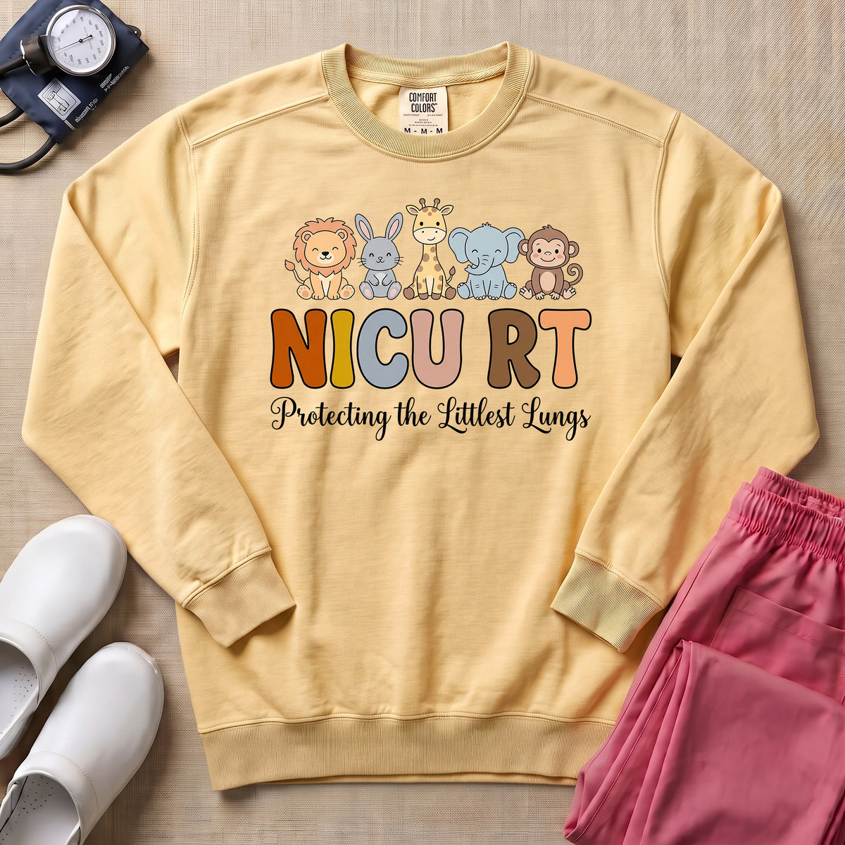 NICU RT Protecting The Littlest Lungs Cute Animal Respiratory Therapist Gift Sweatshirt - Butter Comfort Colors Sweatshirt | HugTee