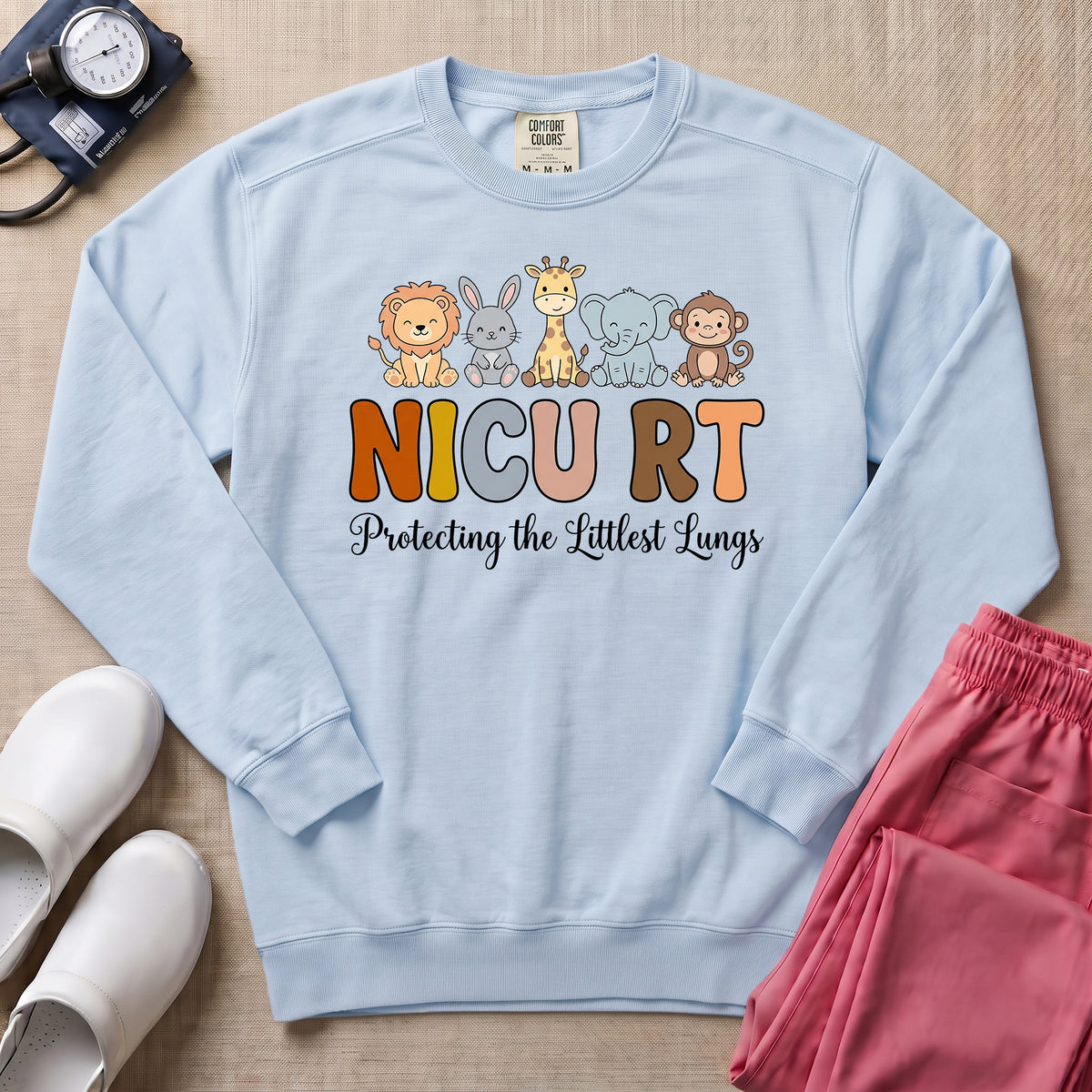 NICU RT Protecting The Littlest Lungs Cute Animal Respiratory Therapist Gift Sweatshirt - Chambray Comfort Colors Sweatshirt | HugTee