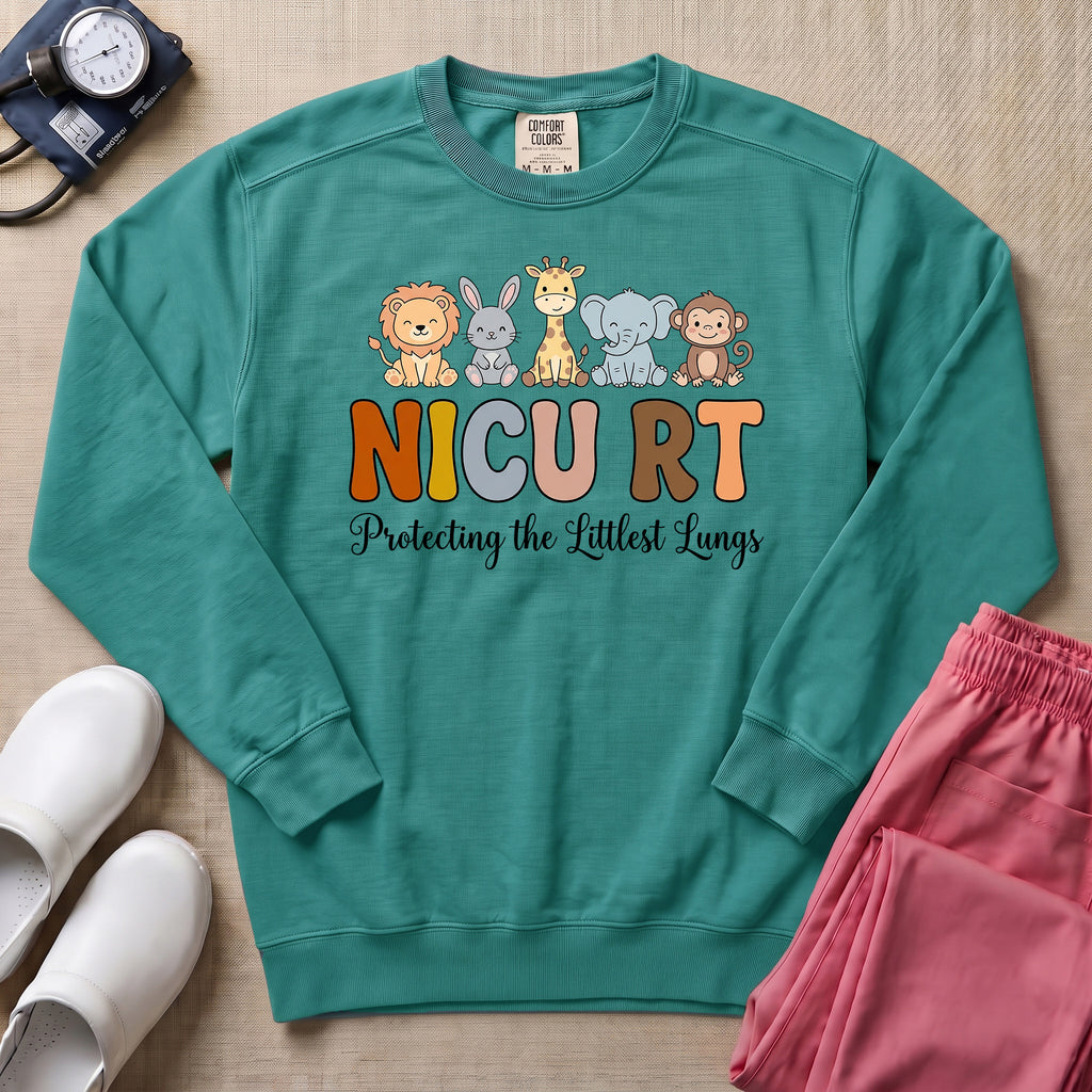 NICU RT Protecting The Littlest Lungs Cute Animal Respiratory Therapist Gift Sweatshirt - Seafoam Comfort Colors Sweatshirt | HugTee