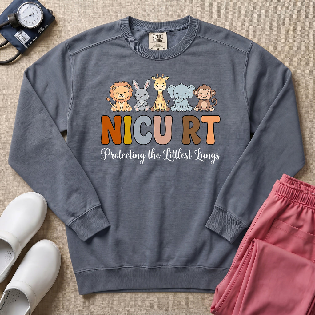 NICU RT Protecting The Littlest Lungs Cute Animal Respiratory Therapist Gift Sweatshirt - Blue Jean Comfort Colors Sweatshirt | HugTee