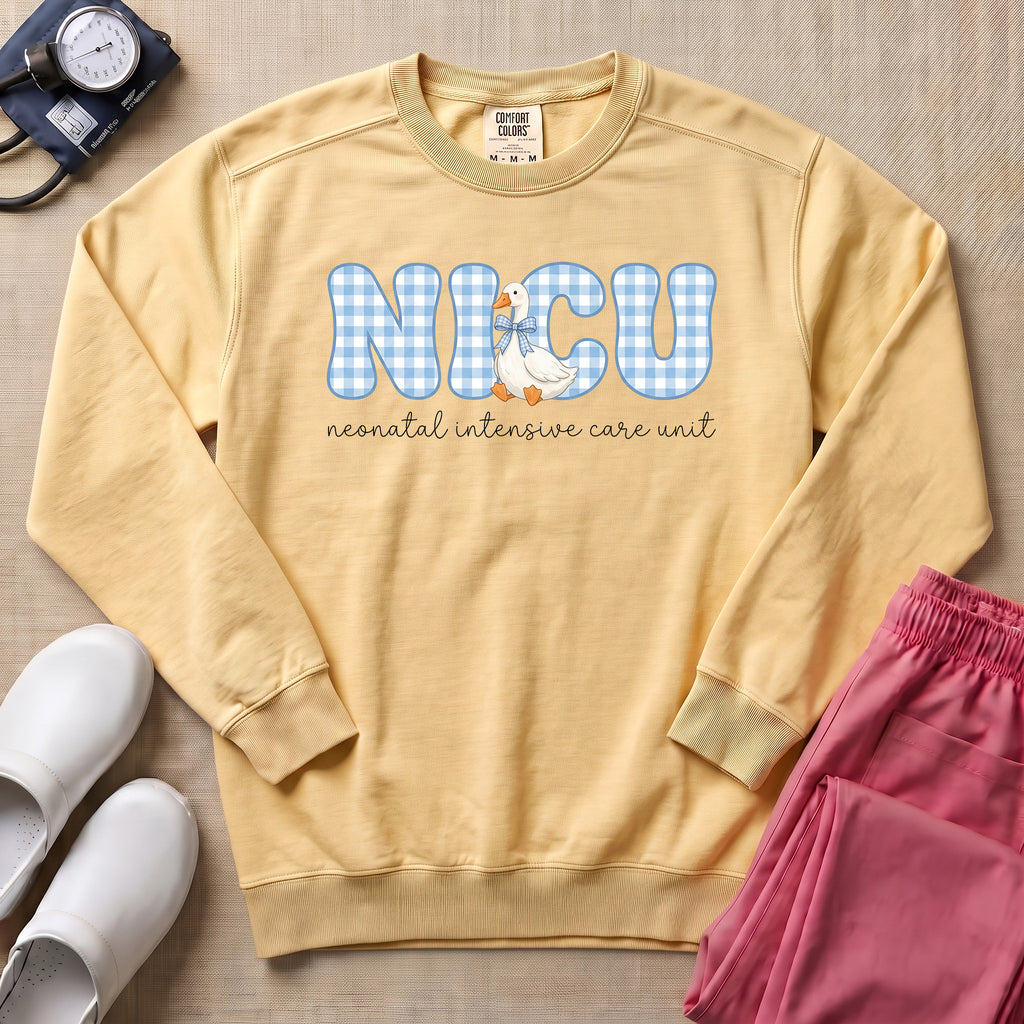 Cute Silly Goose Blue Gingham NICU Nurse Sweatshirt - Butter Comfort Colors Sweatshirt | HugTee