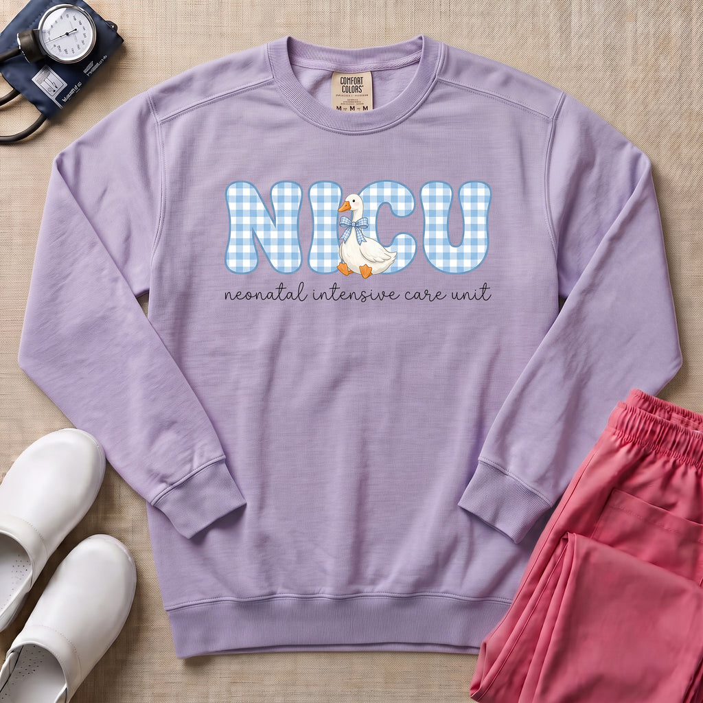 Cute Silly Goose Blue Gingham NICU Nurse Sweatshirt - Orchid Comfort Colors Sweatshirt | HugTee