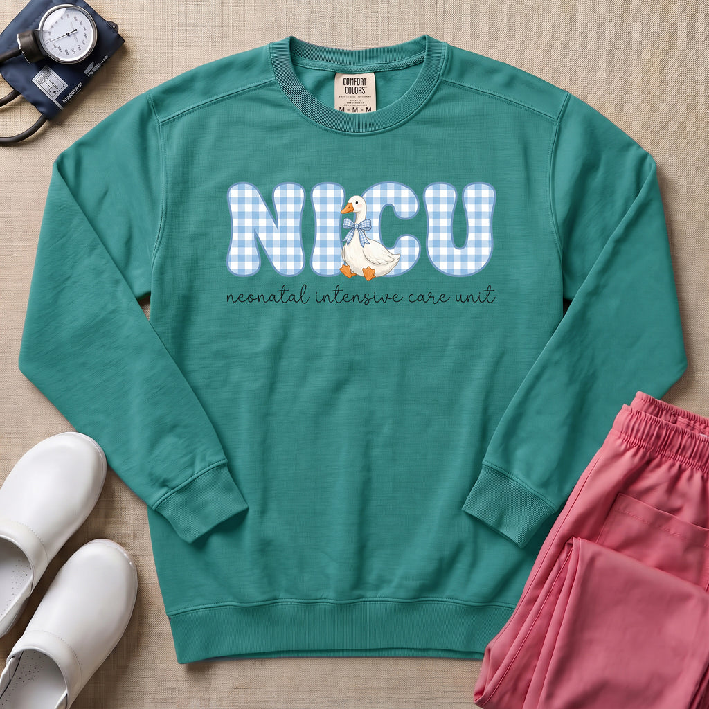Cute Silly Goose Blue Gingham NICU Nurse Sweatshirt - Seafoam Comfort Colors Sweatshirt | HugTee