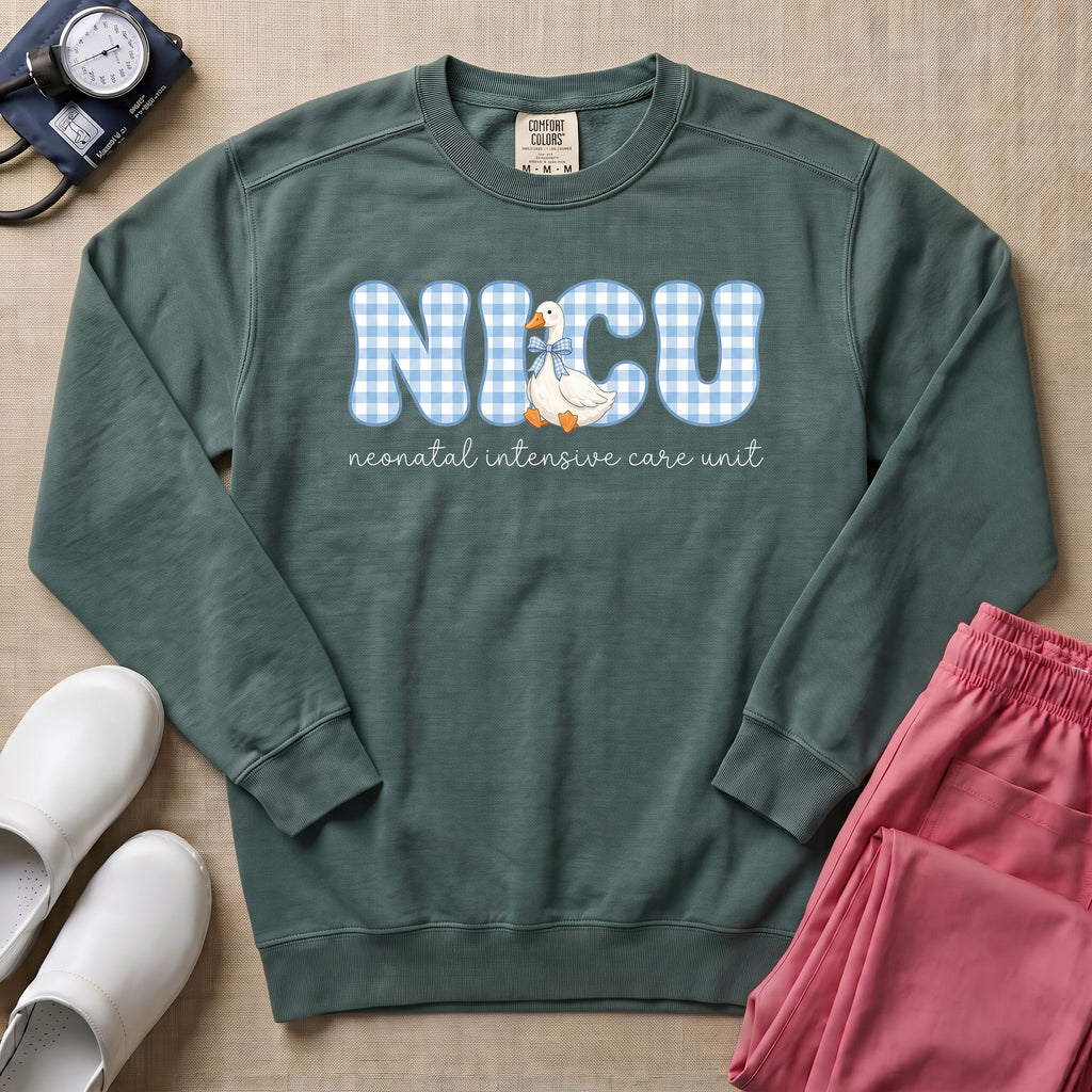Cute Silly Goose Blue Gingham NICU Nurse Sweatshirt - Blue Spruce Comfort Colors Sweatshirt | HugTee