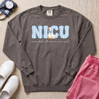 Cute Silly Goose Blue Gingham NICU Nurse Sweatshirt - Pepper Lifestyle Hero Mockup | HugTee
