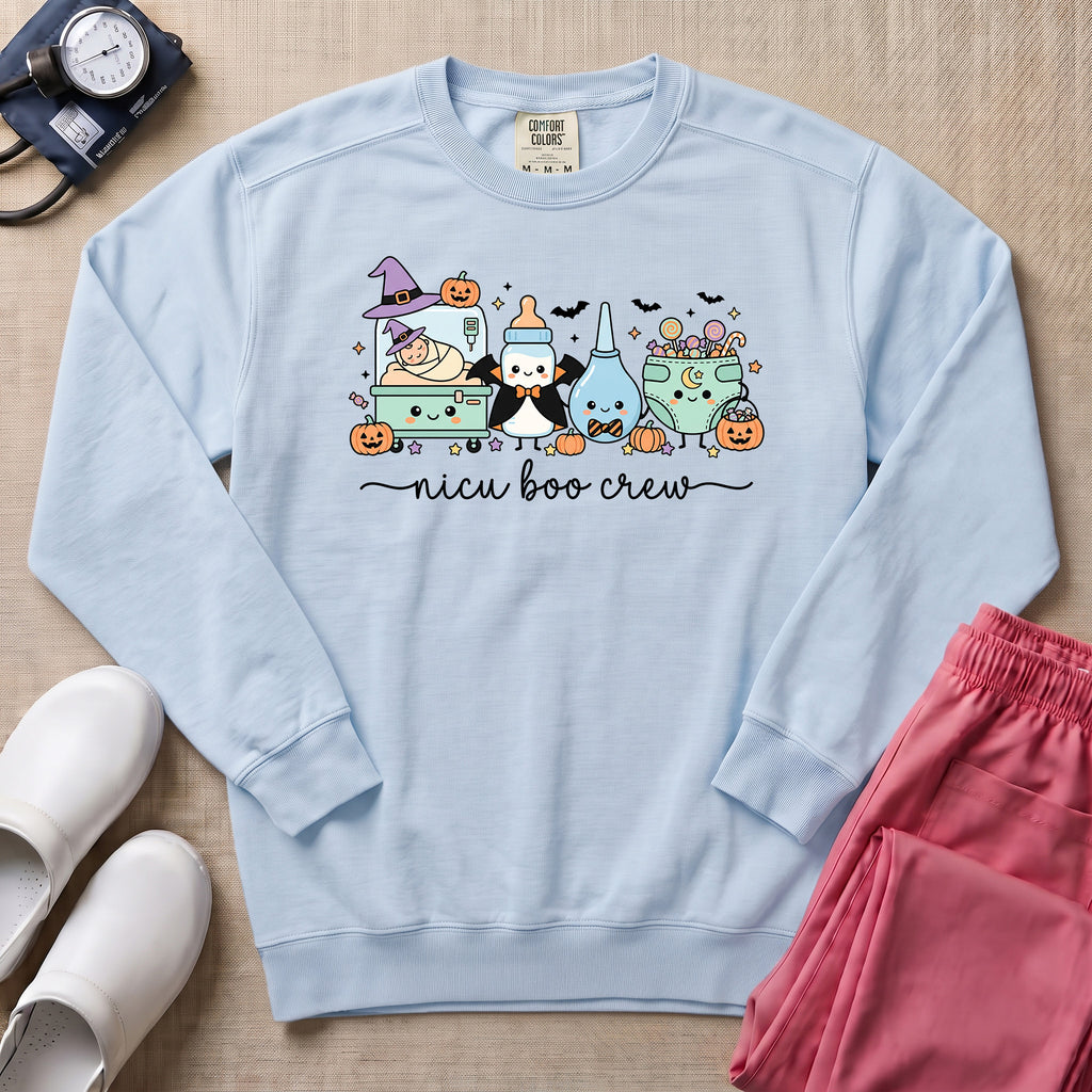 Cute Kawaii NICU Boo Crew Nurse Halloween Sweatshirt - Chambray Comfort Colors Sweatshirt | HugTee