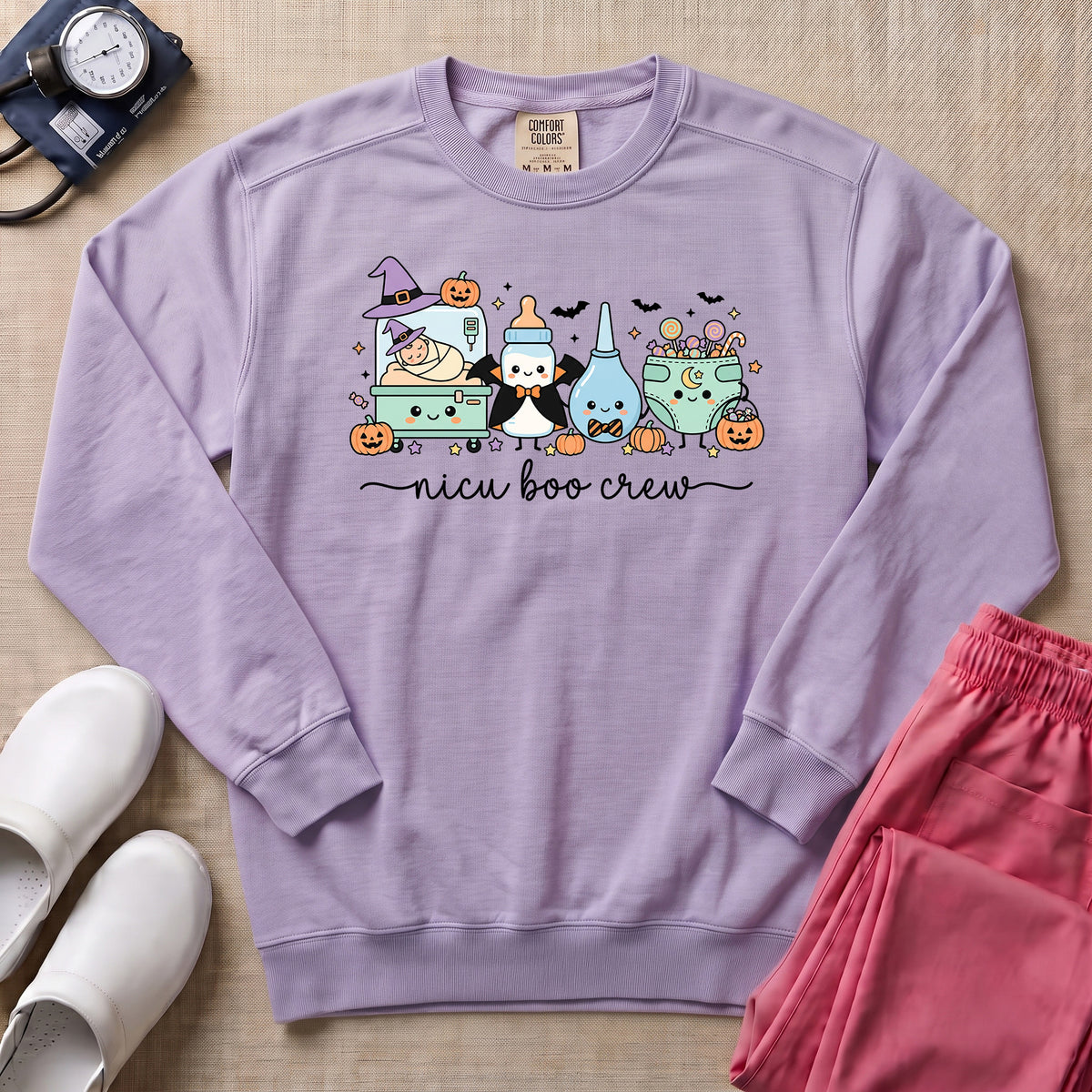 Cute Kawaii NICU Boo Crew Nurse Halloween Sweatshirt - Orchid Comfort Colors Sweatshirt | HugTee