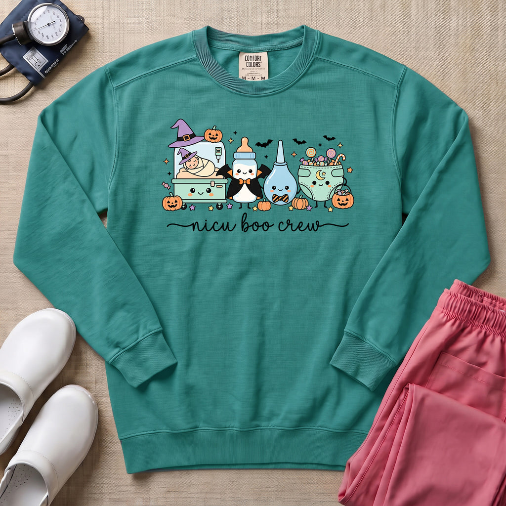 Cute Kawaii NICU Boo Crew Nurse Halloween Sweatshirt - Seafoam Comfort Colors Sweatshirt | HugTee