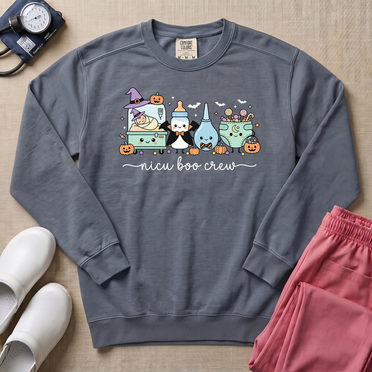Cute Kawaii NICU Boo Crew Nurse Halloween Sweatshirt - Blue Jean Comfort Colors Sweatshirt | HugTee