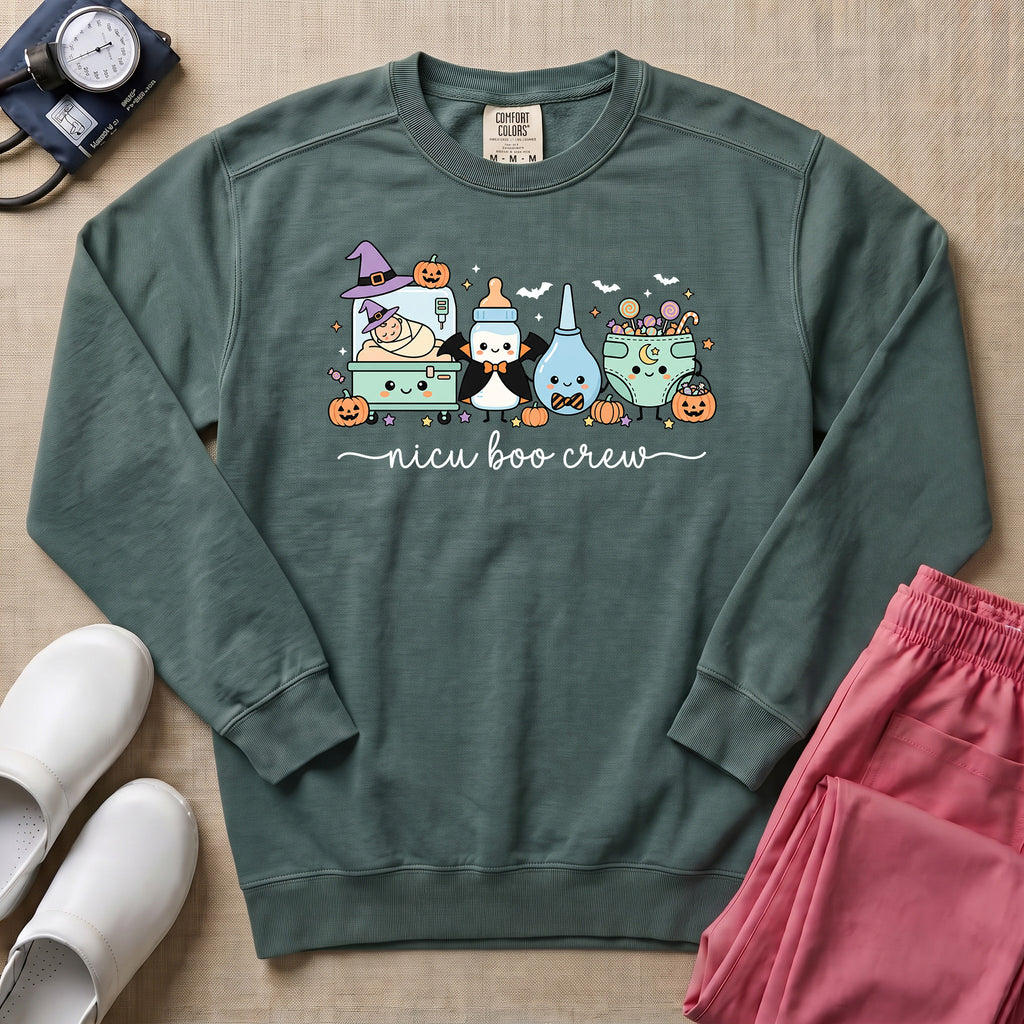 Cute Kawaii NICU Boo Crew Nurse Halloween Sweatshirt - Blue Spruce Comfort Colors Sweatshirt | HugTee