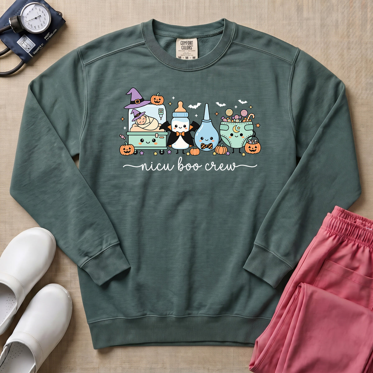 Cute Kawaii NICU Boo Crew Nurse Halloween Sweatshirt - Blue Spruce Comfort Colors Sweatshirt | HugTee