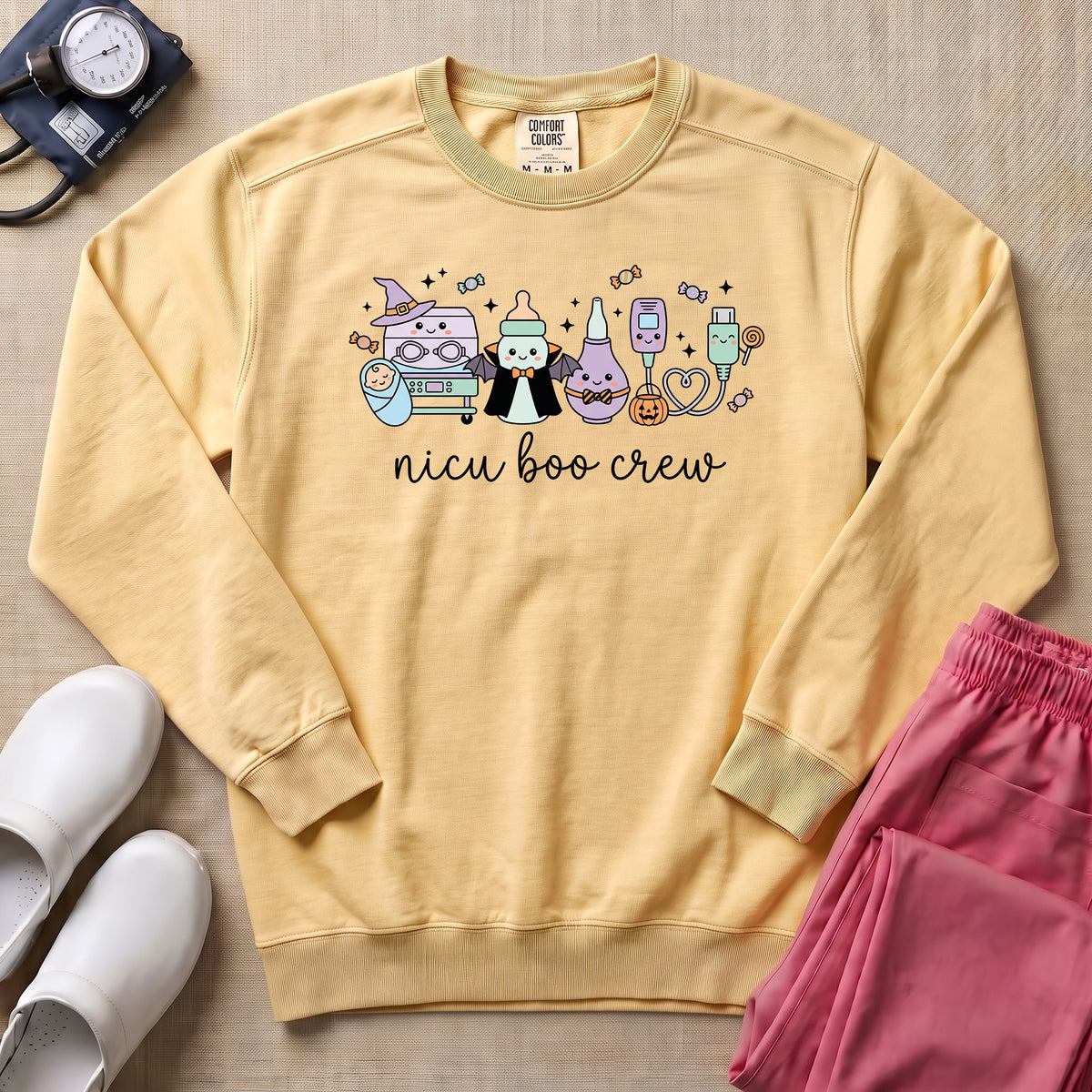 Cute Kawaii NICU Boo Crew Halloween Nurse Sweatshirt - Butter Comfort Colors Sweatshirt | HugTee