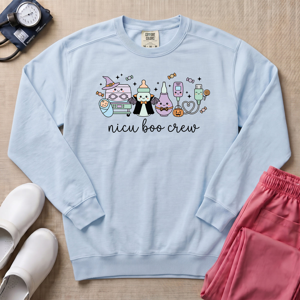 Cute Kawaii NICU Boo Crew Halloween Nurse Sweatshirt - Chambray Comfort Colors Sweatshirt | HugTee